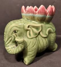Majolica Small Elephant Succulent Planter Lucky Trunk Up Pink Flowers on Top 4" | eBay
