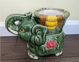 7" Vintage Ceramic ELEPHANT Flower Pot Planter Vase Succulent Lucky Trunk Up - Etsy