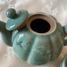 Celadon Set of Pumpkin Shaped Tea Pot and Cups with Inlaid ...