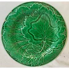 Antique Green Majolica Plate With Leaf Design From England - Circa 19th Century | Chairish