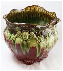 Stunning Majolica Vintage Pottery Bowl w/ Stand in Red & Green. For Sale at Ruby Lane