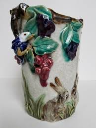 Antique Majolica Vase with applied details. Rabbits, Bird ...