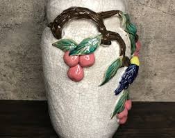 Vintage Majolica Pottery Vase: Crackle Glaze, Bird & Fruit ...