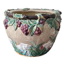 1980s Majolica Style Rabbits and Grapevine Planter | Chairish