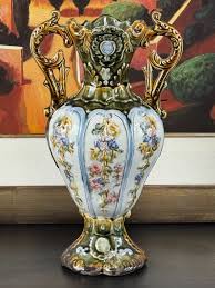 12" German Majolica olive green gaze urn vase with ...