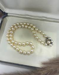 14 Karat White Gold Pearl Necklace with Sapphire and Diamond Clasp | Haig's of Rochester
