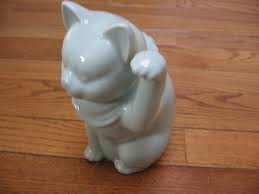 BEAUTIFUL LARGE JAPANESE CELADON LUCKY CAT FROM GUMPS SAN FRANCISCO NEAR MINT | #244387147