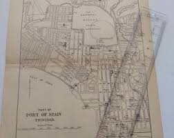 Port of Spain Trinidad Map Plate Drawing Vintage Travel Book ...