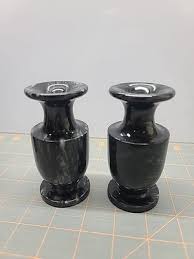 Lot Of 4 Etched Black Marble or Onyx Vase Asian Mountain ...