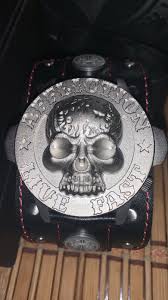 AFFLICTION STAINLESS & BLACK GENUINE LEATHER MENS SKULL WATCH*w:Grommrts & Studs
