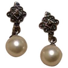 Sterling Marcasite & Faux Pearl Earrings. For Sale at Ruby Lane