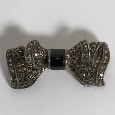 Jewelry | Vintage Silver 925 Marcasiteblack Stone Inlay Ribbon Bow Brooch | Poshmark