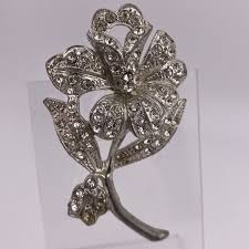 Vintage Rhinestone Flower Brooch Art Deco Rhodium Plated ...