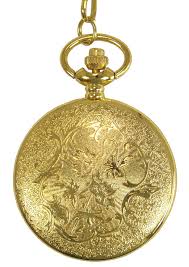 Gold Plated Shield Quartz Pocket Watch with Chain