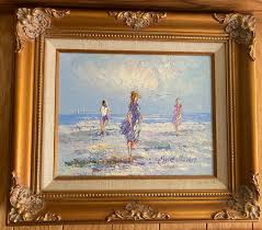Pair Marie Charlot 2 Paintings Impressionist Women on Beach ...