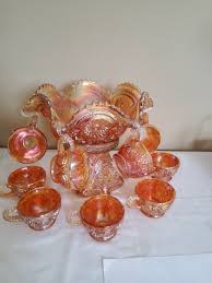 Vintage Marigold Orange Punch Bowl and Base w 11 cups Carnival Glass | eBay