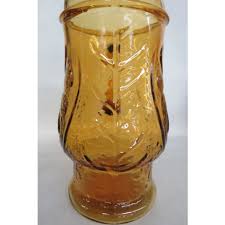 Amber Colored Glass Large Pitcher With Floral Design | Chairish