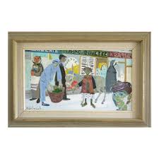 Mid-Century Modern 'Market Day' Vintage Original Naive Style Street Scene Oil Painting, Framed | Chairish