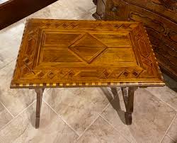 SKU: LA233 </p>Spanish Marquetry Top Side Table, Hand Carved Lyre Legs w/ Iron Stretcher (not antique)</p> — LEONARDS NEW ENGLAND