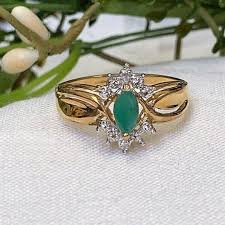 Vintage Estate Marquise Emerald & Diamond Ring – Genuine 10K Gold Fine Jewelry, May Birthstone, Anniversary or Engagement Gift - Etsy