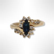 14K Gold ~0.50 ct Marquise Blue Sapphire Diamond Bypass Halo Ring (size 6.25) | eBay Australia
