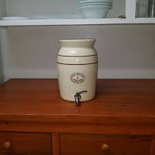 Vintage Miali Pottery 2 USA water jug crock cream with brown ...