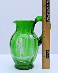 Antique Mary Gregory Green Glass Pitcher Applied Crimped Handle Enamel Boy | eBay