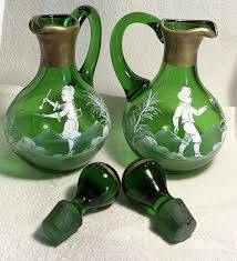 PAIR VINTAGE CRUET & STOPPER, Emerald Green Glass, Mary Gregory- Pristine! | eBay