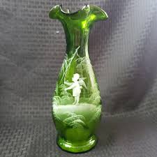 Antique Hand Blown Green Glass Mary Gregory 10" Vase ...