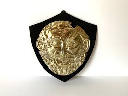 Vintage Brass Gold Metal King Agamemnon Mask on Felt Wall ...