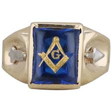 10k Yellow Gold Men's Masonic Synthetic Sapphire Ring. For Sale at Ruby Lane