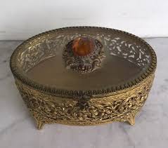 Vintage Filigree Amber Glass Jeweled Top Jewelry Trinket Box ...