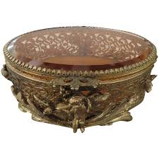 Vintage Gold Filigree Jewelry Trinket Box Beveled Amber ...