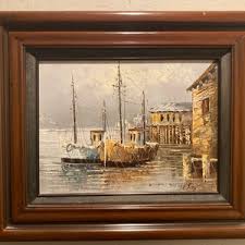 Ships in the Harbor Fishing Boats Original Oil Painting by W. Jones Signed - Etsy