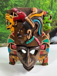 Mayan Aztec Mask 3D Hand-Carved Hand Painted Wood Tribal ...