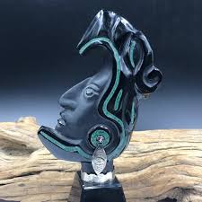 Vintage Hand Carved Obsidian Aztec Warrior Bust With Turquoise Inlay (missing Earring) - Etsy