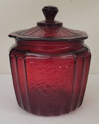 Vintage Red Glass Biscuit Cookie Jar Mayfield ? Floral No ...