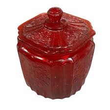 Vintage Ruby Red Pressed Glass Depression Candy Jar Embossed ...