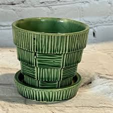 Vtg McCoy Pottery Green Basketweave Planter Pot 3 1/4" Tall w/Attach Saucer | eBay