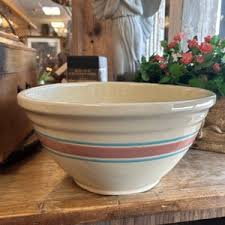 Vintage Ovenware 14" Mixing Bowl. Vintage Yellow Ware. Teal Blue & Burgundy Stripes. Made in the USA. - Etsy