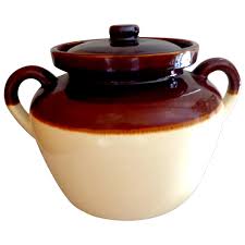 McCoy Bean Pot. Chocolate Brown & Cream. 2 Handled with Lid. As New. For Sale at Ruby Lane
