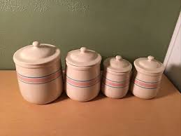 Vintage 1970s McCOY POTTERY SET OF 4 Tan STRIPED KITCHEN CANISTERS Made In USA | eBay Australia