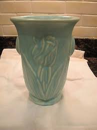 Vintage 1940's McCoy Pottery MATTE AQUA TULIP Vase 8" USA Mark Garden Farmhouse | #502208482