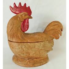 Large Vintage Mid Century Italian Terra Cotta Pottery Figural Rooster Covered Dish Serving Bowl | Chairish
