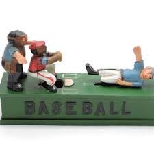 Vintage 1995 Cast Iron Baseball Bank - Mechanical Baseball Player Coin Bank - Sliding Action With Catcher and Umpire - Etsy