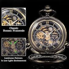 Amazon.com: SIBOSUN Pocket Watch Skeleton Mechanical Double Case Hand-Wind Bronze Roman Numerals Antique with Box and Chains for Mens Women +I Love You Gift Card You are The Best Thing : Clothing,