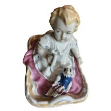 Antique 1880s Porcelain Fairing Trinket Memento Box Baby in Basket | Chairish