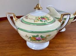 Vtg Meito China Japan Sugar Bowl & Creamer Set ~ Green Rim ...