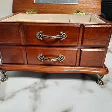 Vintage Wooden Velvet Lined Jewelry Box Drawers Metal Feet ...