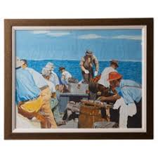 R. E. Banwell - R. E. Banwell - Framed Contemporary Oil, Bringing in the Catch For Sale at 1stDibs